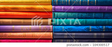 multi colored books on the shelf, made with Generative AI 104300517