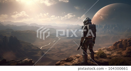 Astronaut exploring extraterrestrial landscape 104300661