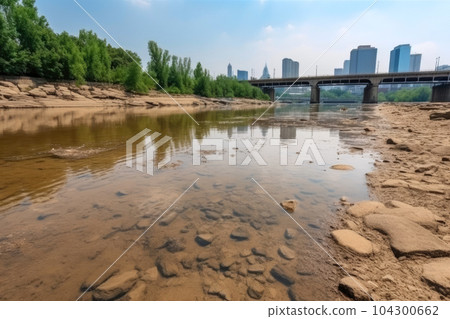 Lowering the water level in river hot summer view 104300662