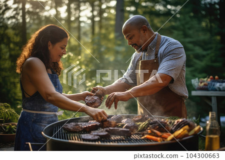 People cooking summer BBQ dinner at house backyard People cooking summer BBQ dinner at house backyard 104300663