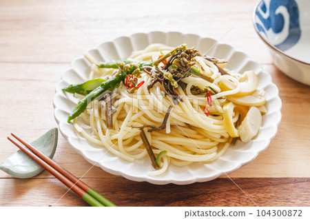 Japanese style pasta with edible wild plants Japanese style pasta with edible wild plants 104300872