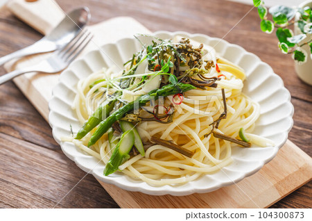 Japanese style pasta with edible wild plants Japanese style pasta with edible wild plants 104300873