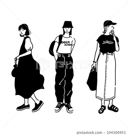 Fashionable women in summer clothes vector line drawing set 104300951