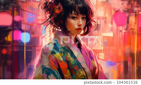 Portrait painting of a Japanese model in kimono, for advertising, beauty salons and massage studios Portrait painting of a Japanese model in kimono, for advertising, beauty salons and massage studios 104301516