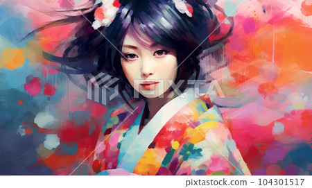 Portrait painting of a Japanese model in kimono, for advertising, beauty salons and massage studios 104301517