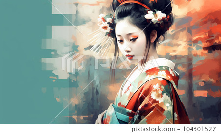 Portrait painting of a Japanese model in kimono, for advertising, beauty salons and massage studios Portrait painting of a Japanese model in kimono, for advertising, beauty salons and massage studios 104301527