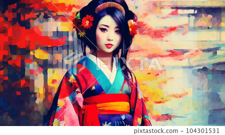Portrait painting of a Japanese model in kimono, for advertising, beauty salons and massage studios 104301531