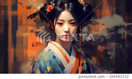 Portrait painting of a Japanese model in kimono, for advertising, beauty salons and massage studios 104301532