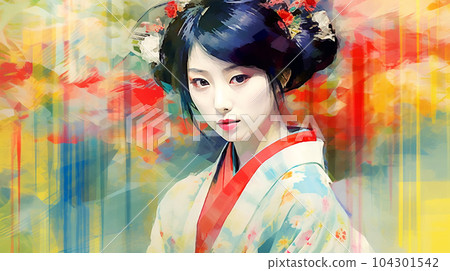 Portrait painting of a Japanese model in kimono, for advertising, beauty salons and massage studios Portrait painting of a Japanese model in kimono, for advertising, beauty salons and massage studios 104301542