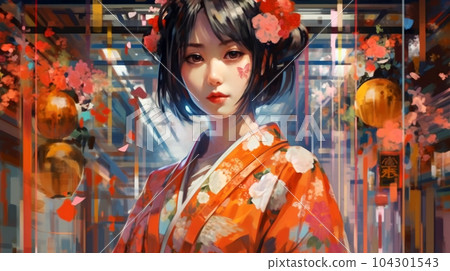 Portrait painting of a Japanese model in kimono, for advertising, beauty salons and massage studios Portrait painting of a Japanese model in kimono, for advertising, beauty salons and massage studios 104301543