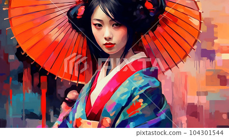 Portrait painting of a Japanese model in kimono, for advertising, beauty salons and massage studios Portrait painting of a Japanese model in kimono, for advertising, beauty salons and massage studios 104301544
