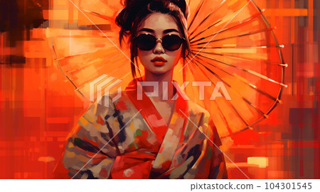 Portrait painting of a Japanese model in kimono, for advertising, beauty salons and massage studios Portrait painting of a Japanese model in kimono, for advertising, beauty salons and massage studios 104301545