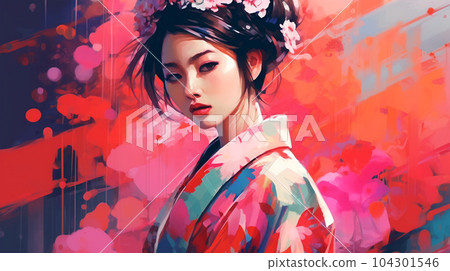 Portrait painting of a Japanese model in kimono, for advertising, beauty salons and massage studios Portrait painting of a Japanese model in kimono, for advertising, beauty salons and massage studios 104301546