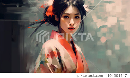 Portrait painting of a Japanese model in kimono, for advertising, beauty salons and massage studios Portrait painting of a Japanese model in kimono, for advertising, beauty salons and massage studios 104301547