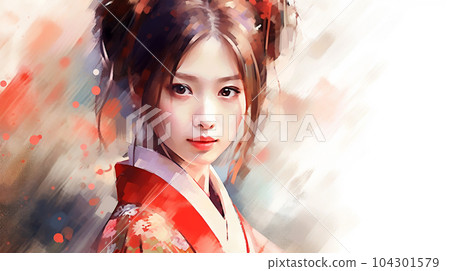 Portrait painting of a Japanese model in kimono, for advertising, beauty salons and massage studios 104301579