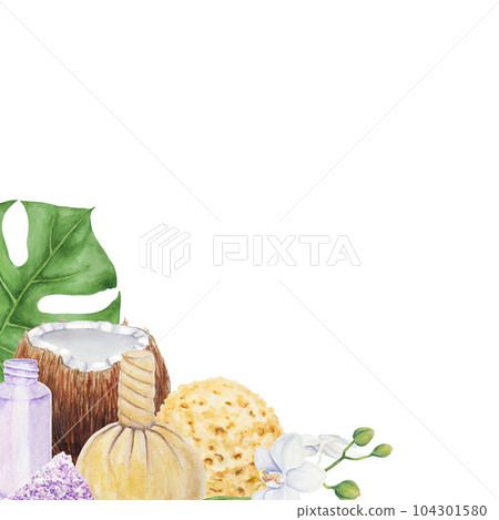 Tropical spa and bathroom accessories with orchid. Watercolor hand drawn illustration for spa salon and wellness center: salt, sponge, massage bag, bottle. Clipart for fashion, beauty, cosmetic prints 104301580