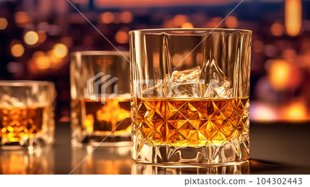 Glasses of whiskey in the background of a bar in a restaurant, alcoholic concept, expensive drink 104302443