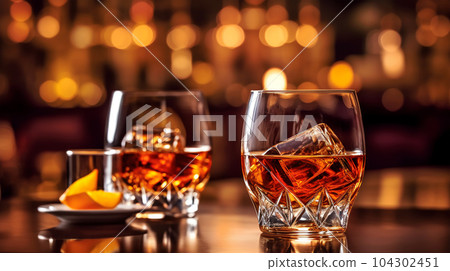 Glasses of whiskey in the background of a bar in a restaurant, alcoholic concept, expensive drink 104302451