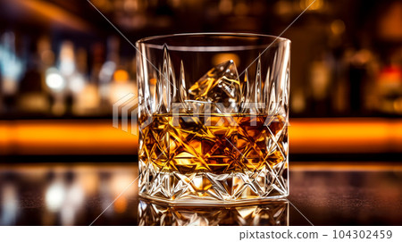 Glasses of whiskey in the background of a bar in a restaurant, alcoholic concept, expensive drink Glasses of whiskey in the background of a bar in a restaurant, alcoholic concept, expensive drink 104302459