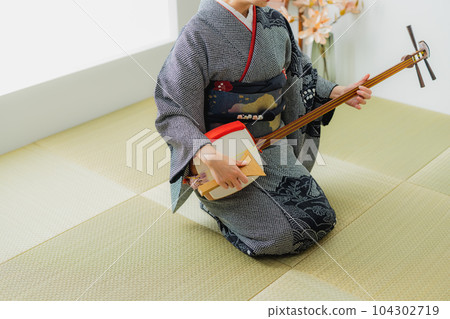 Shamisen, kimono, Japanese-style room 104302719