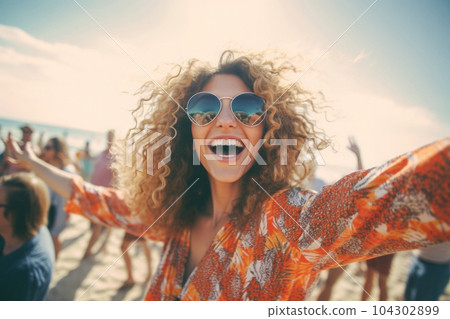 Portrait of happy woman smiling and raising her hands. Generative AI Portrait of happy woman smiling and raising her hands. Generative AI 104302899