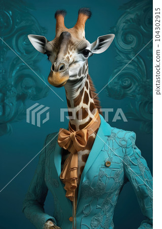 Portrait of giraffe in human clothing. Antropomorphic animal. Generative AI 104302915