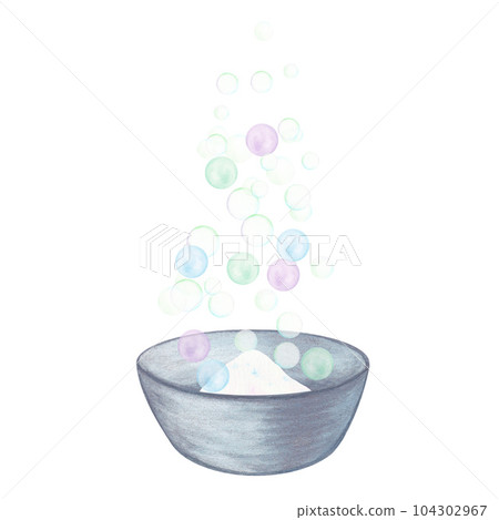 Laundry illustration. Grey metal basin, washing powder, bubbles. Watercolor on a white background. Hand drawn. For postcards Laundry illustration. Grey metal basin, washing powder, bubbles. Watercolor on a white background. Hand drawn. For postcards 104302967