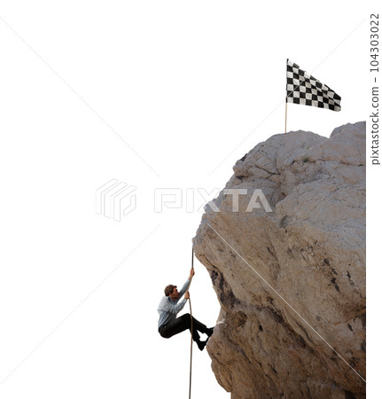 Businessman climbs a mountain to get the flag. Achievement business goal and difficult career concept Businessman climbs a mountain to get the flag. Achievement business goal and difficult career concept 104303022