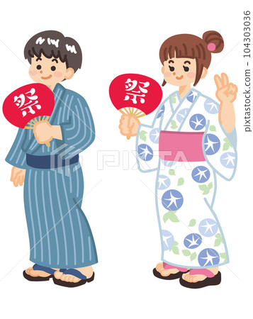 穿著浴衣的孩子拿著節日扇子 104303036