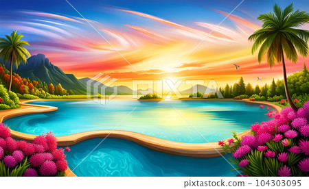 Fantasy colorful landscape with lake, flowers and palm tree - AI generated 104303095