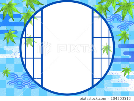 Shoji window frame with blue autumn leaves and Japanese pattern 104303513