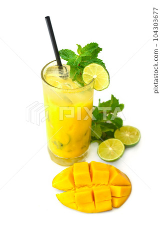 Mango mojito in highball glass with sliced lime isolated on white background Mango mojito in highball glass with sliced lime isolated on white background 104303677