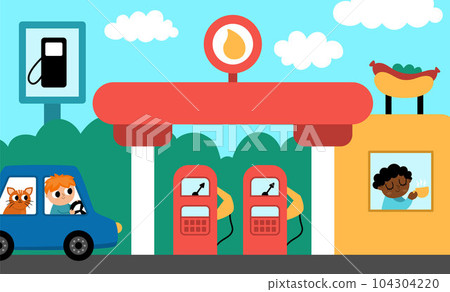 Vector horizontal scene with boy driving a car with cat arriving to gas station with cafe. Transportation illustration. Cute kid steering transport. Road landscape. Cartoon child on automobile 104304220