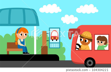Vector horizontal scene with girl sitting on a stop and arriving bus with driver, passengers. Transportation illustration. Cute kid waiting for public transport. Cartoon child on station 104304221