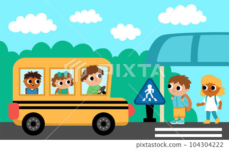 Vector horizontal scene with kids on a stop and arriving school bus with driver, passengers. Transportation illustration. Cute boy, girl waiting for transport. Cartoon children on station 104304222
