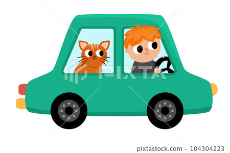 Vector green car with driver and cat. Funny automobile for kids with boy and pet. Cute vehicle clip art with passenger. Retro transport icon isolated on white background 104304223