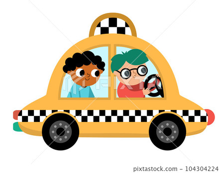 Vector yellow taxi car with driver and passenger. Funny cab for kids. Cute vehicle clip art. Retro transport icon isolated on white background 104304224