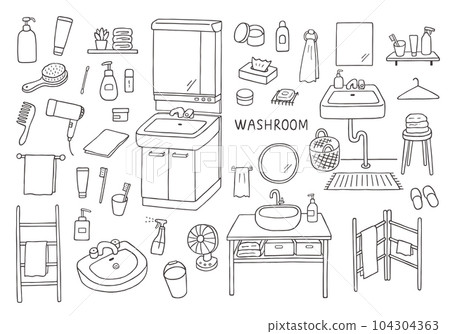 Hand-drawn illustration set related to washroom and water (monochrome) 104304363