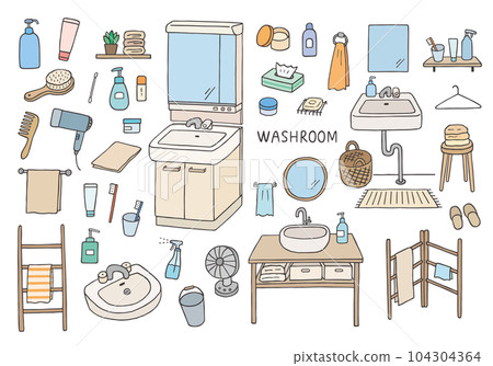 Hand-drawn illustration set (color) related to washrooms and plumbing 104304364