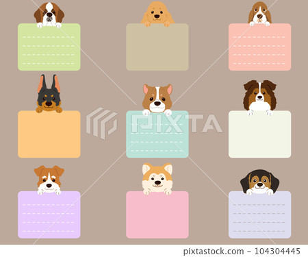 Illustration set of a simple and cute dog face holding a square memo E With front paws No main lines 104304445