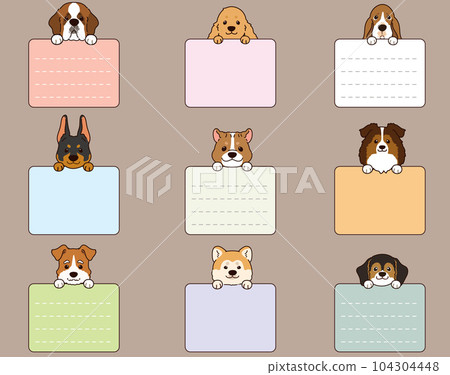Simple and cute dog face illustration set E with square memo, with front paws and main lines 104304448
