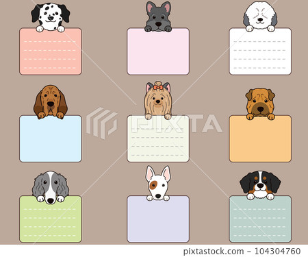 Front face illustration set of a simple and cute dog holding a square memo F with front paws and main lines Front face illustration set of a simple and cute dog holding a square memo F with front paws and main lines 104304760