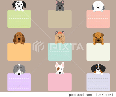 Front face illustration set of a simple and cute dog holding a square memo F With front paws No main lines Front face illustration set of a simple and cute dog holding a square memo F With front paws No main lines 104304761