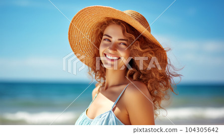 Portrait of a beautiful girl with long loose hair on the beach in front of the sea 104305642