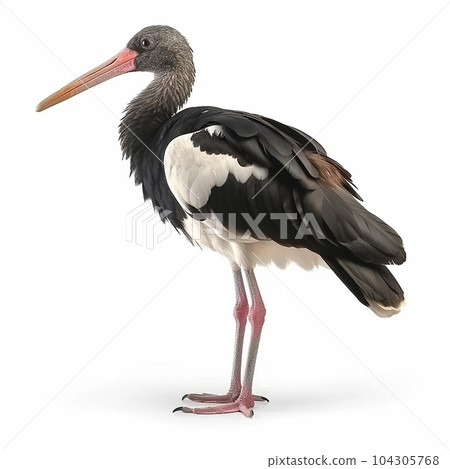 Black Stork, Ciconia, beautiful white black bird with long beak, isolated on white close up 104305768