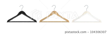 Clothes hanger isolated on white background. Wooden hanger Realistic vector clothes hanger wooden hanger closeup isolated on background. Design template, clipart or layout for graphics. Vector 104306307