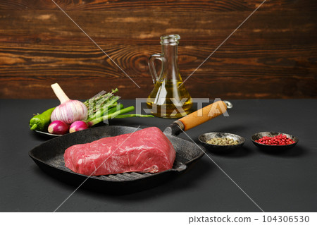 Uncooked beef steak boneless on frying pan Uncooked beef steak boneless on frying pan 104306530