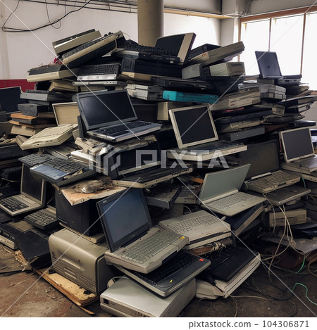 Many old laptops lying on top of each other, a repair shop, a mountain of computers Many old laptops lying on top of each other, a repair shop, a mountain of computers 104306871
