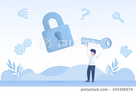 Man holding a big key ready to open padlock. Symbolic representation unlock opportunity, strategy thinking, solve problem for growth and success.  104306874