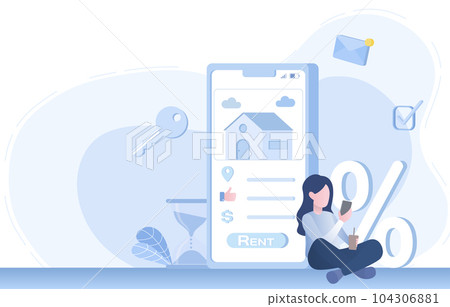 Woman using mobile phone to explore for purchase or rent through online platform. Checking location, price, and rating house interest, view real estate image. Woman using mobile phone to explore for purchase or rent through online platform. Checking location, price, and rating house interest, view real estate image. 104306881